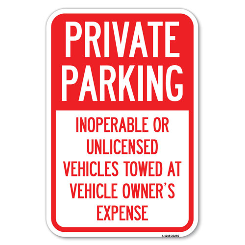 SignMission Private Parking, Inoperable Or Unlicensed Vehicles Towed At